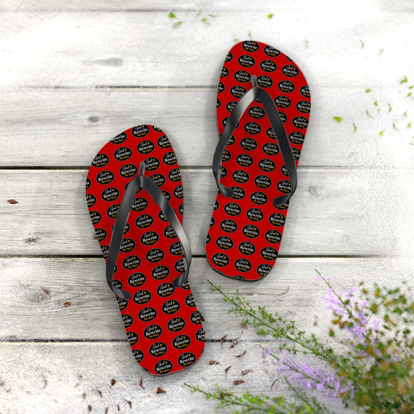 Red Patterned Flip Flops with Circular "Rewine & Rewind" Logo – Beach Sandals