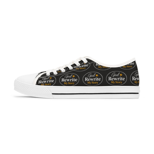 Women's Low Top Sneakers — Black Logo Pattern Casual Canvas Shoes