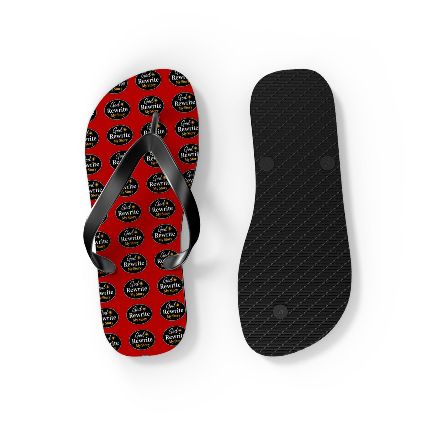 Red Patterned Flip Flops with Circular "Rewine & Rewind" Logo – Beach Sandals