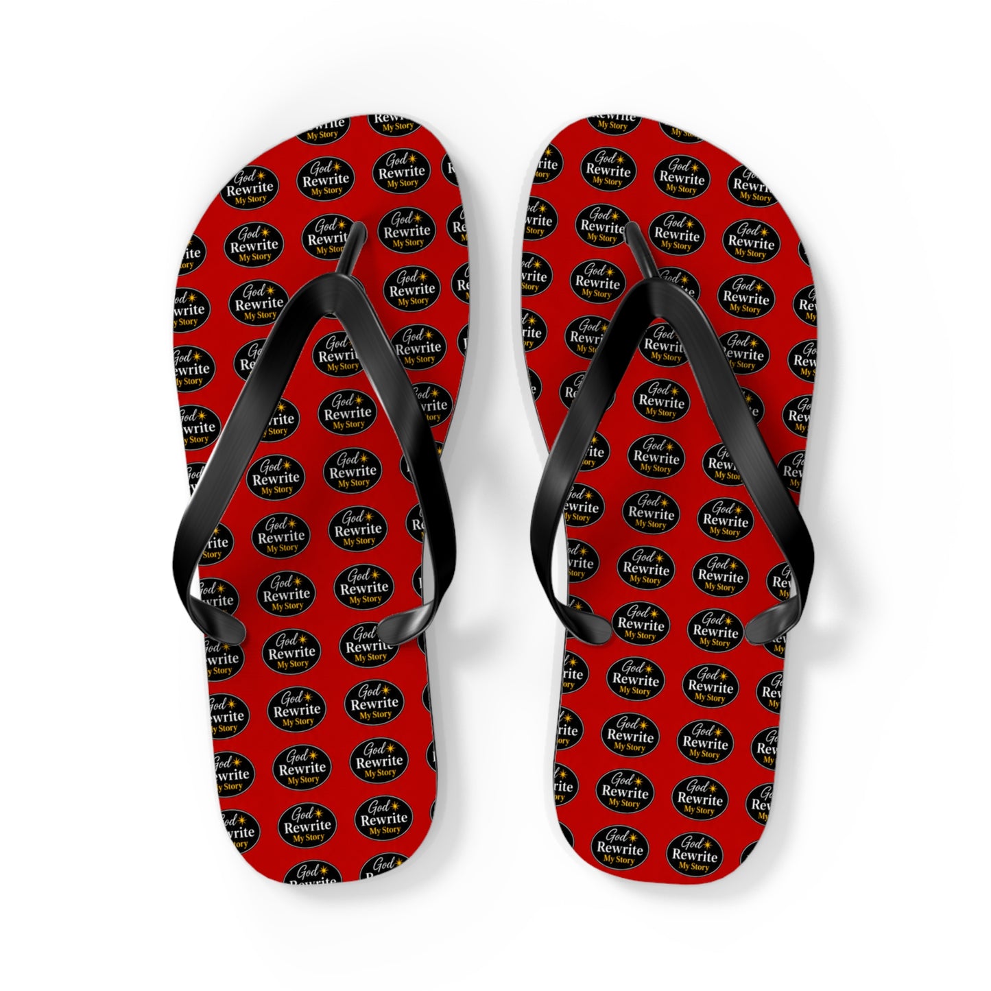 Red Patterned Flip Flops with Circular "Rewine & Rewind" Logo – Beach Sandals
