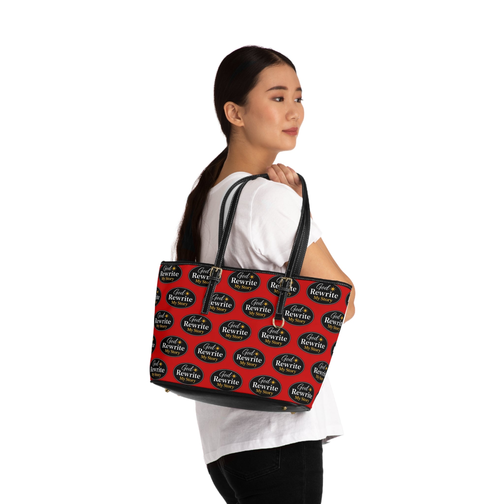 PU Leather Shoulder Bag — Red 'God Rewrite My Story' Statement Tote