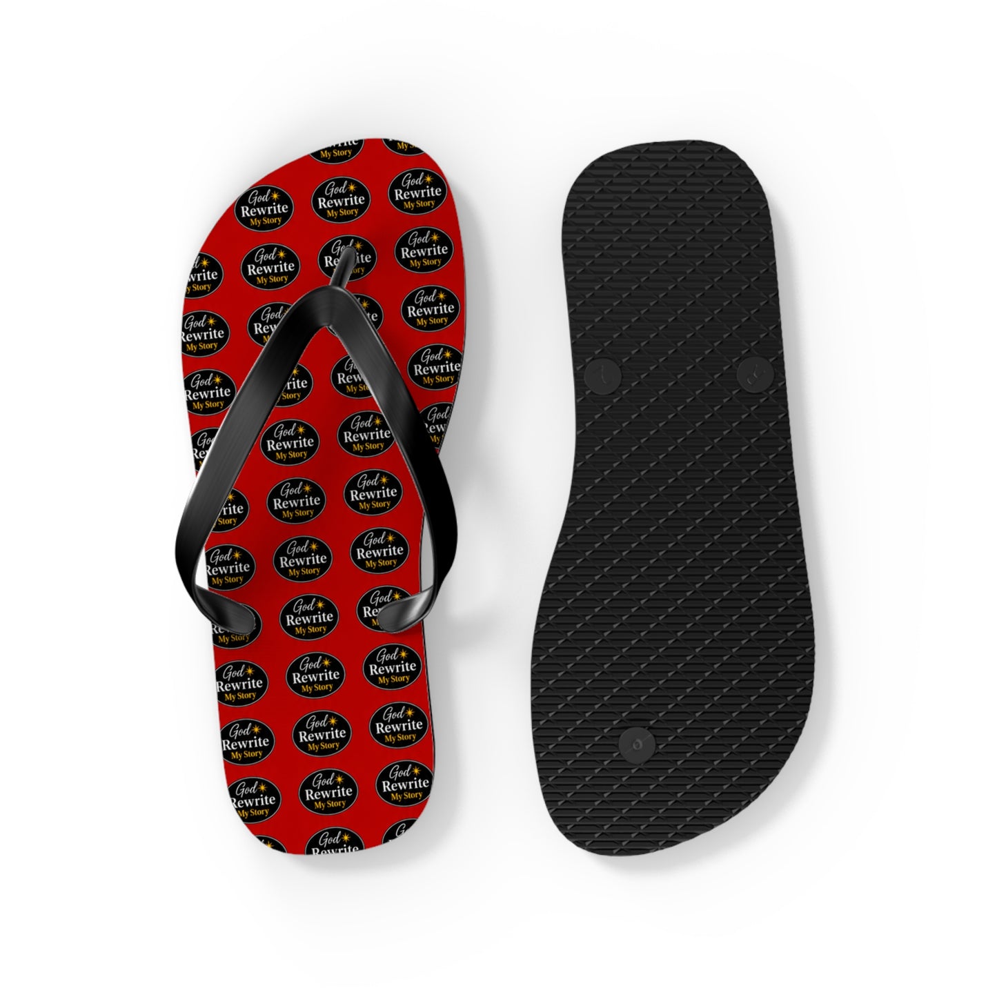 Red Patterned Flip Flops with Circular "Rewine & Rewind" Logo – Beach Sandals