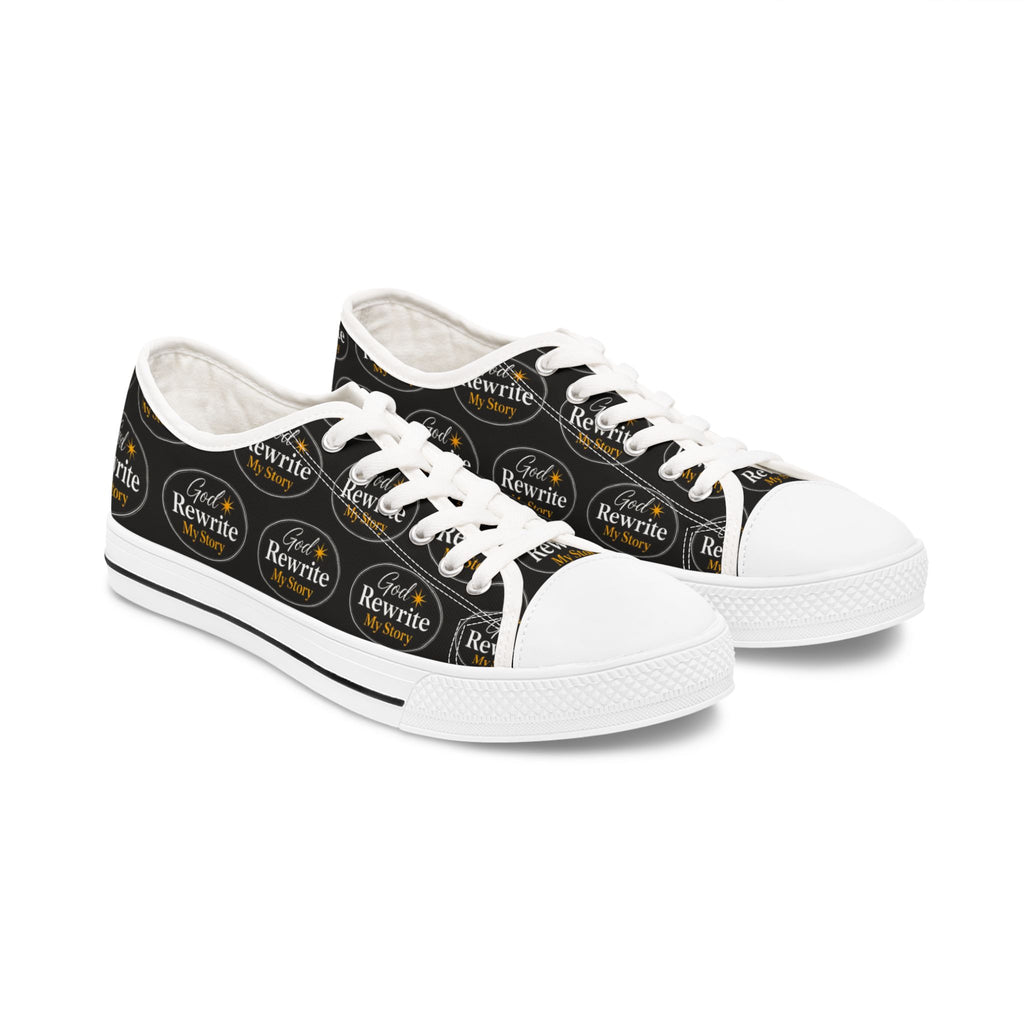Women's Low Top Sneakers — Black Logo Pattern Casual Canvas Shoes