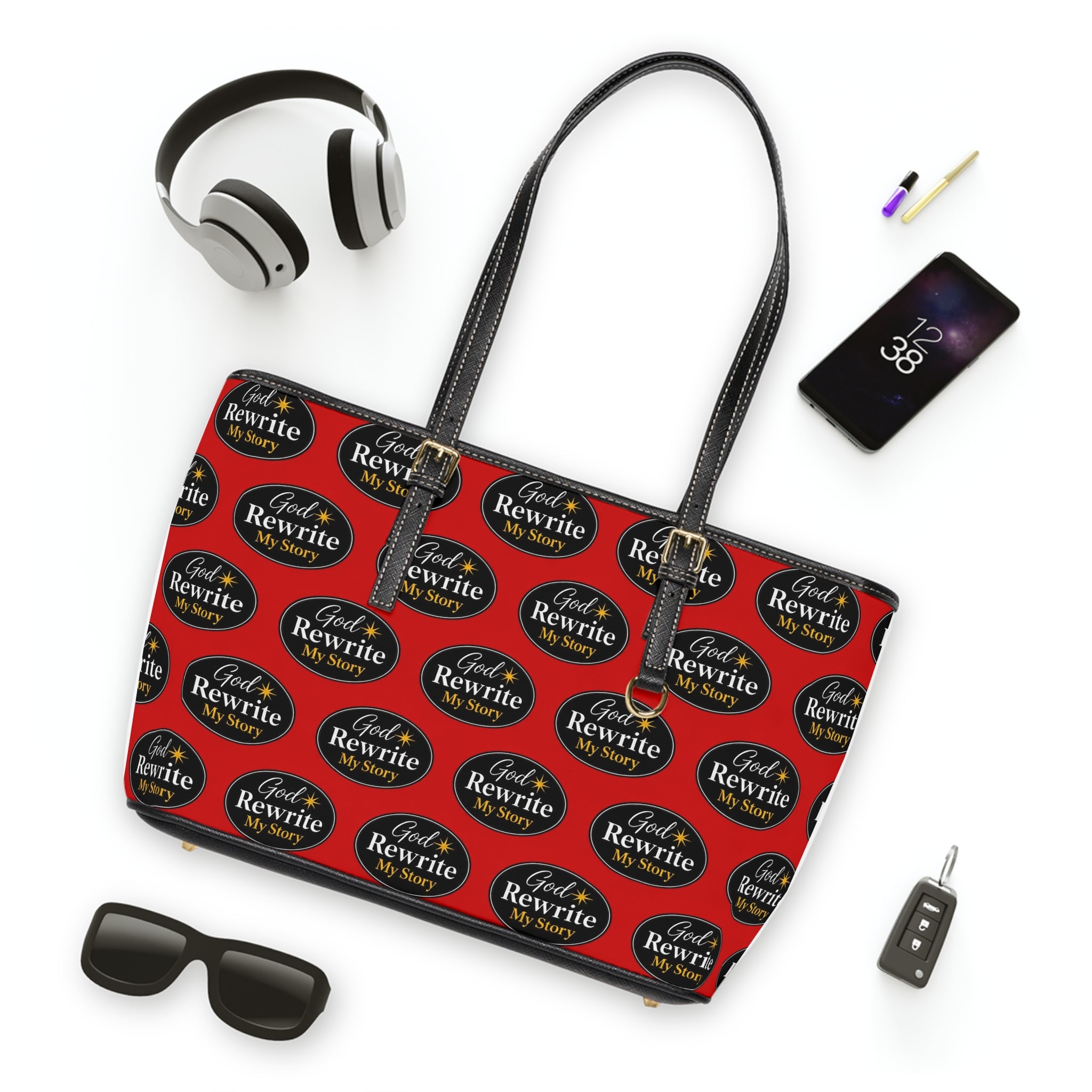 PU Leather Shoulder Bag — Red 'God Rewrite My Story' Statement Tote