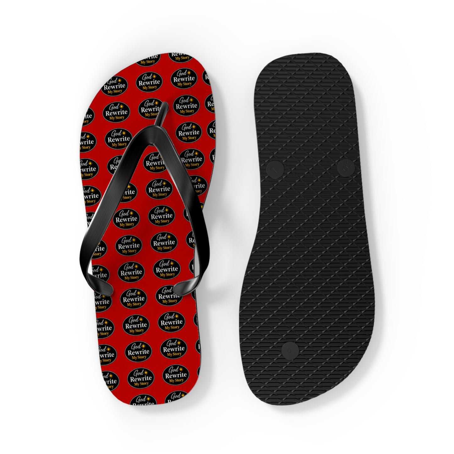 Red Patterned Flip Flops with Circular "Rewine & Rewind" Logo – Beach Sandals