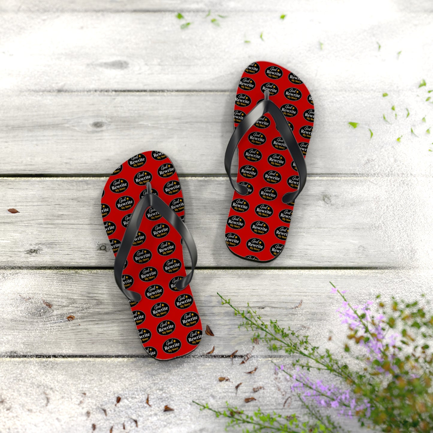 Red Patterned Flip Flops with Circular "Rewine & Rewind" Logo – Beach Sandals