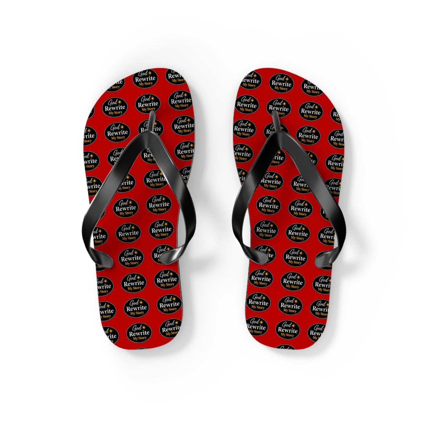 Red Patterned Flip Flops with Circular "Rewine & Rewind" Logo – Beach Sandals