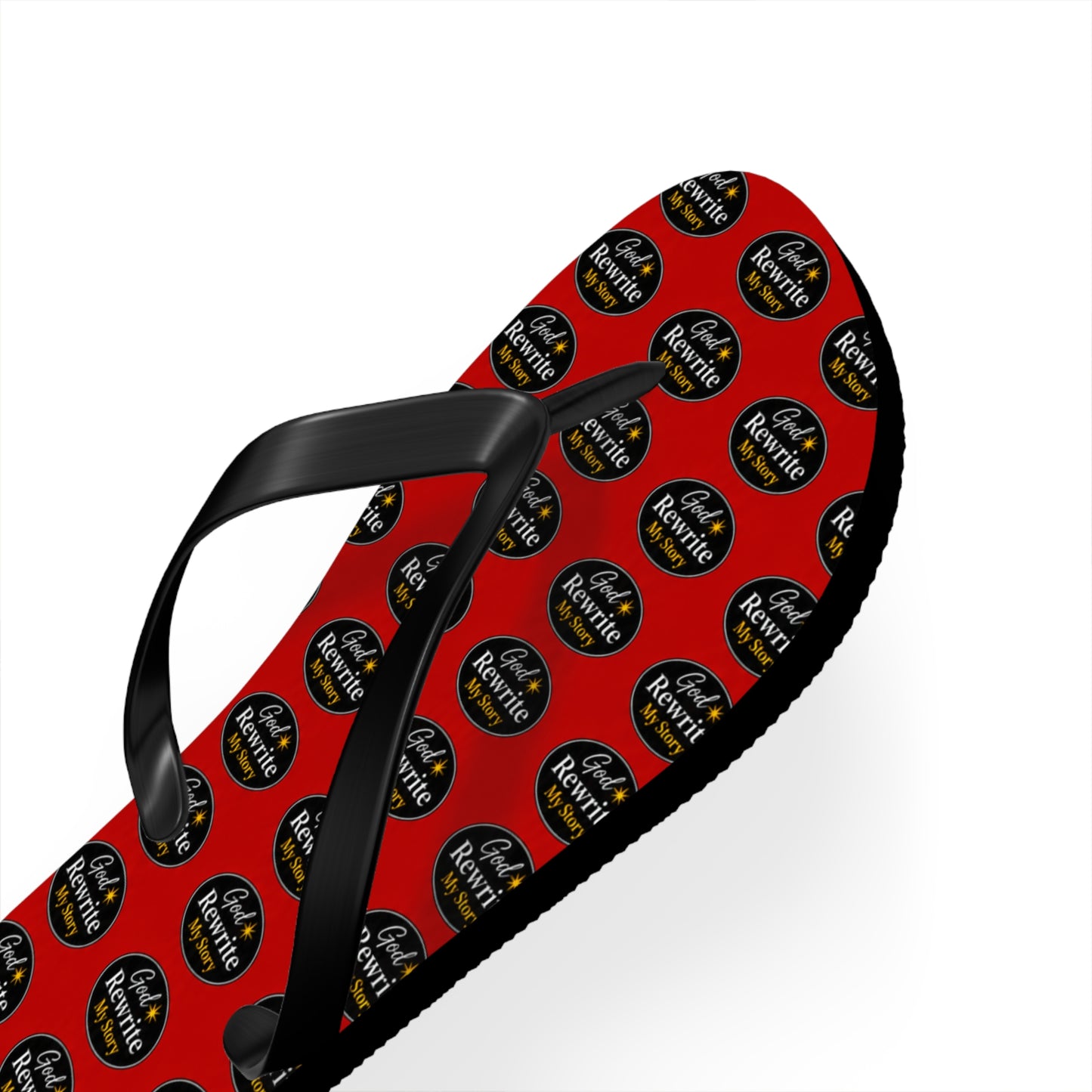 Red Patterned Flip Flops with Circular "Rewine & Rewind" Logo – Beach Sandals