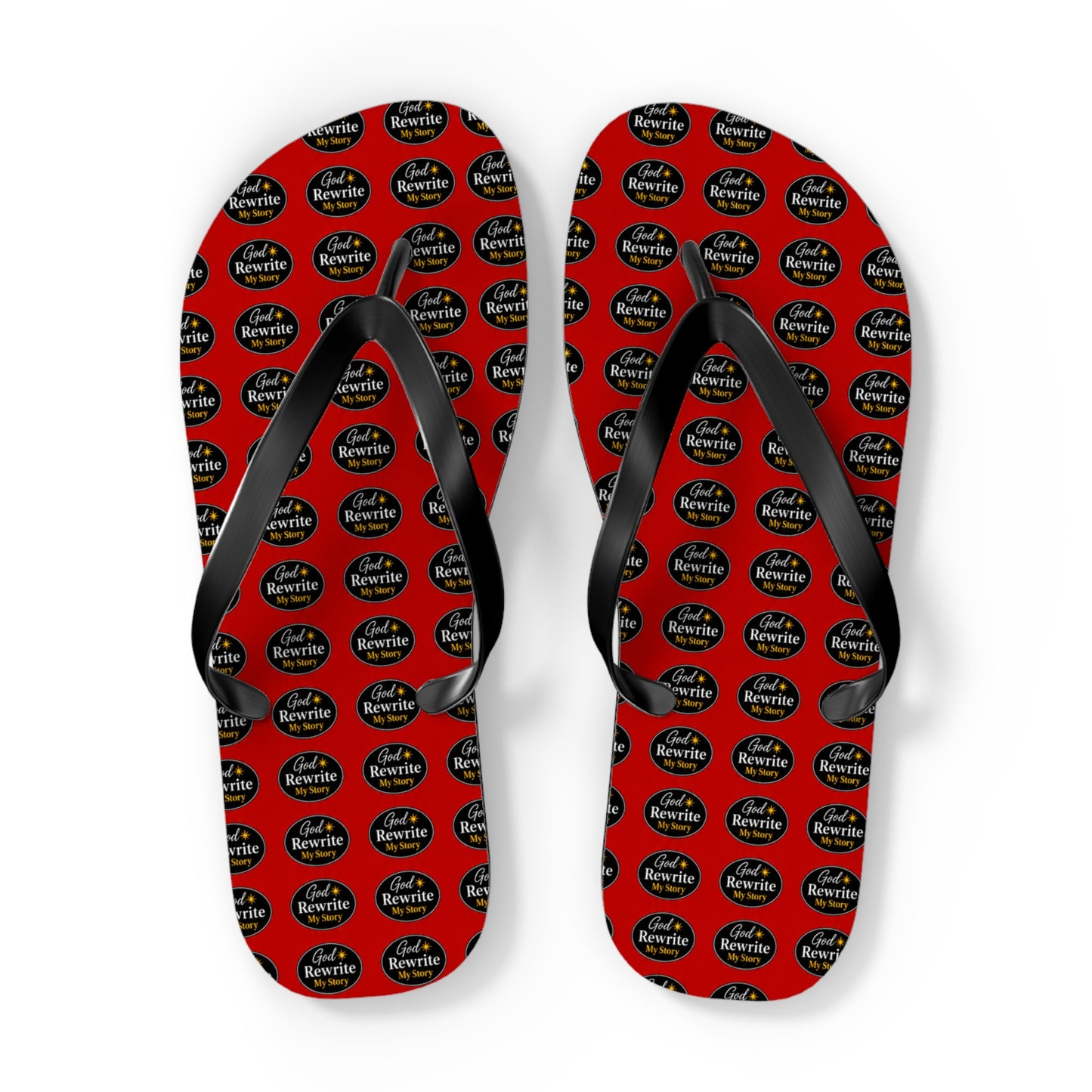 Red Patterned Flip Flops with Circular "Rewine & Rewind" Logo – Beach Sandals