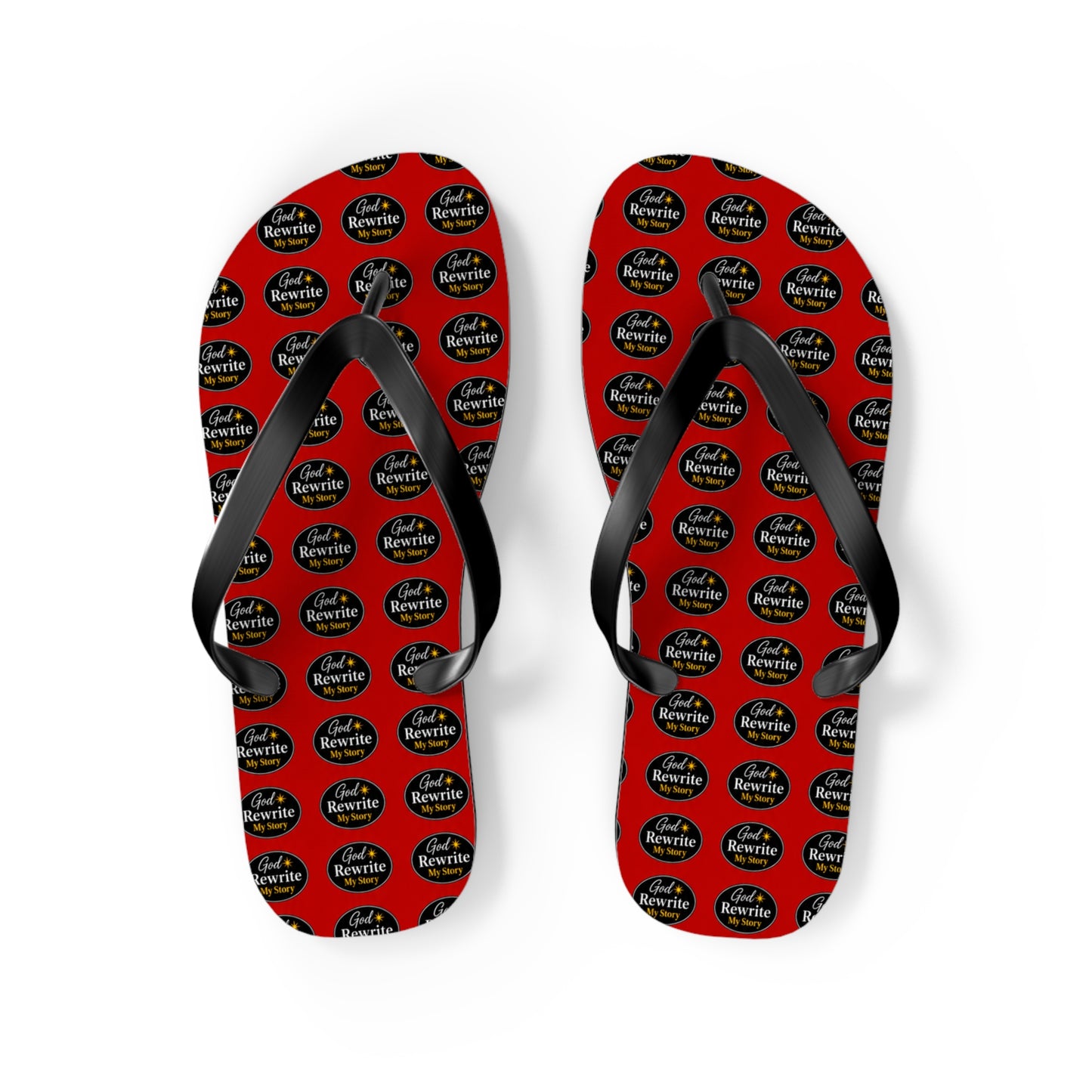Red Patterned Flip Flops with Circular "Rewine & Rewind" Logo – Beach Sandals