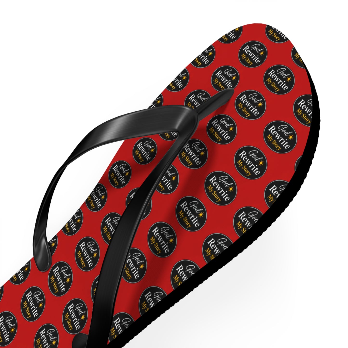 Red Patterned Flip Flops with Circular "Rewine & Rewind" Logo – Beach Sandals