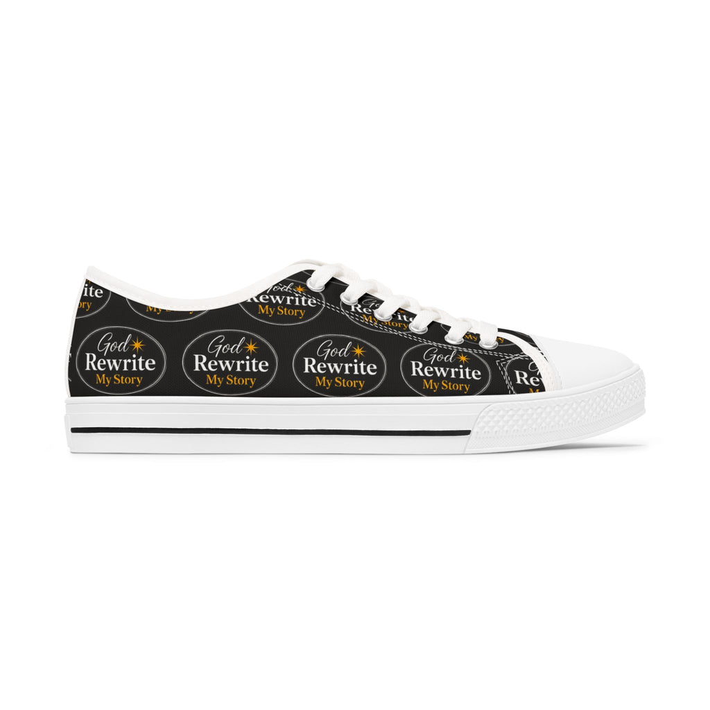 Women's Low Top Sneakers — Black Logo Pattern Casual Canvas Shoes