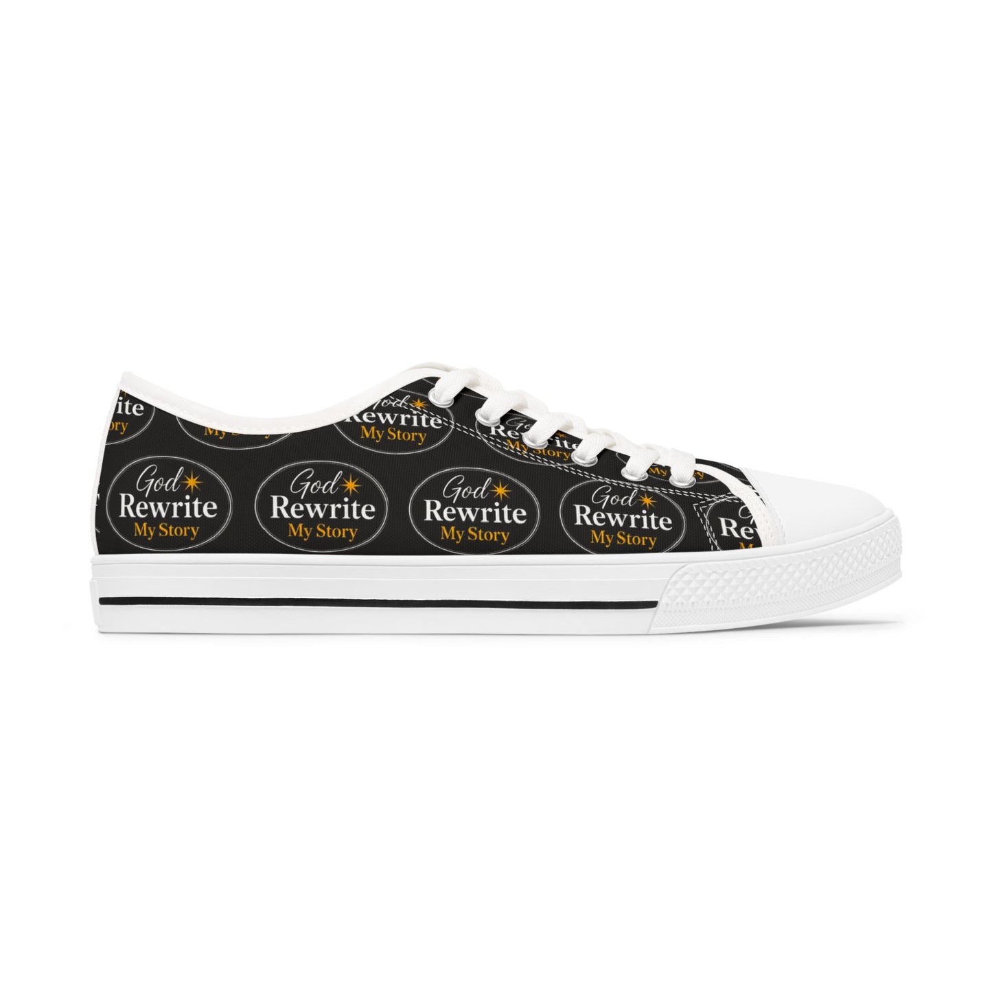 Women's Low Top Sneakers — Black Logo Pattern Casual Canvas Shoes