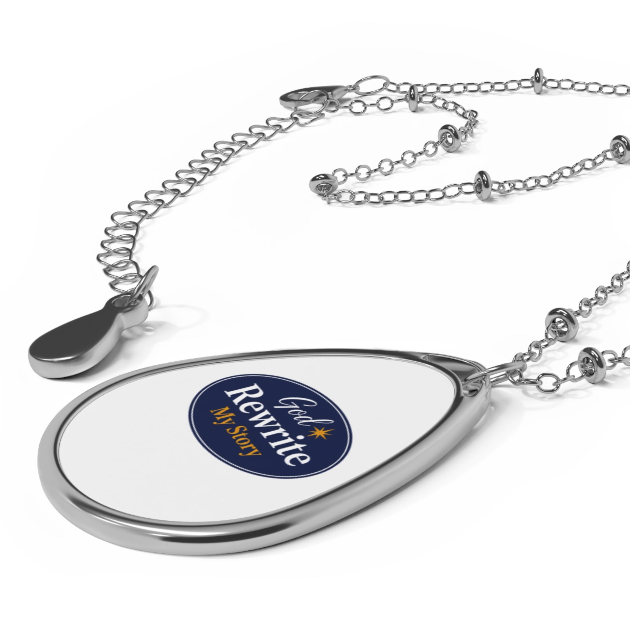 Oval Necklace — "God Rewrite My Story" Teardrop Inspirational Pendant