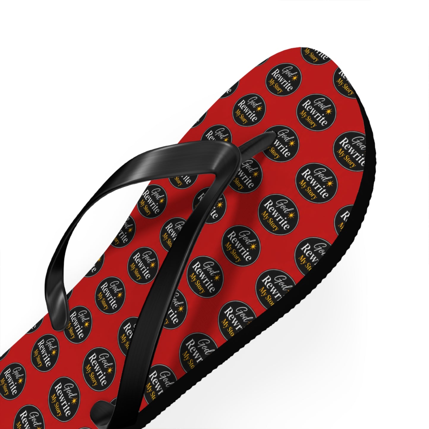 Red Patterned Flip Flops with Circular "Rewine & Rewind" Logo – Beach Sandals