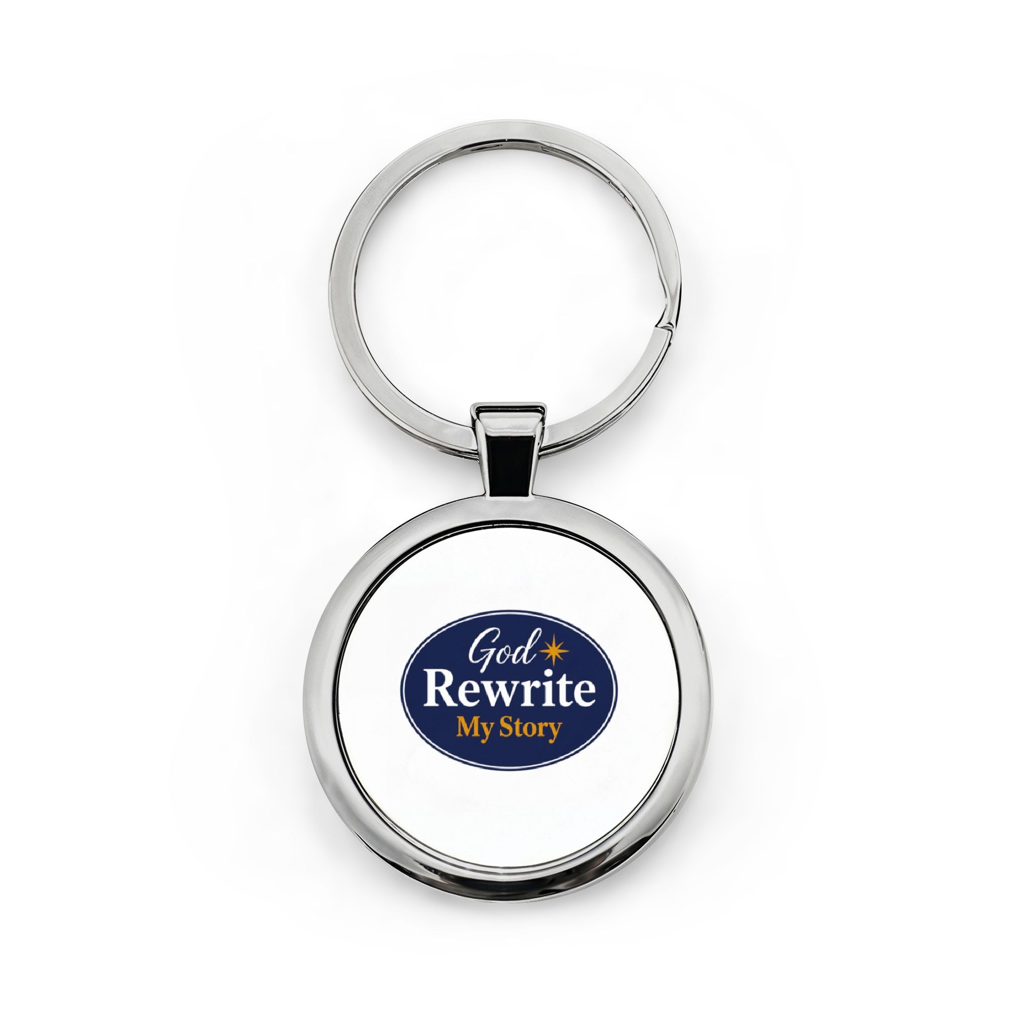 Round Stainless Steel Keychain — "God Rewrite My Story" Inspirational Religious Keyring
