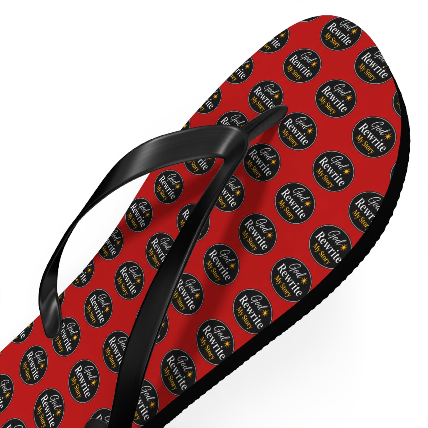 Red Patterned Flip Flops with Circular "Rewine & Rewind" Logo – Beach Sandals