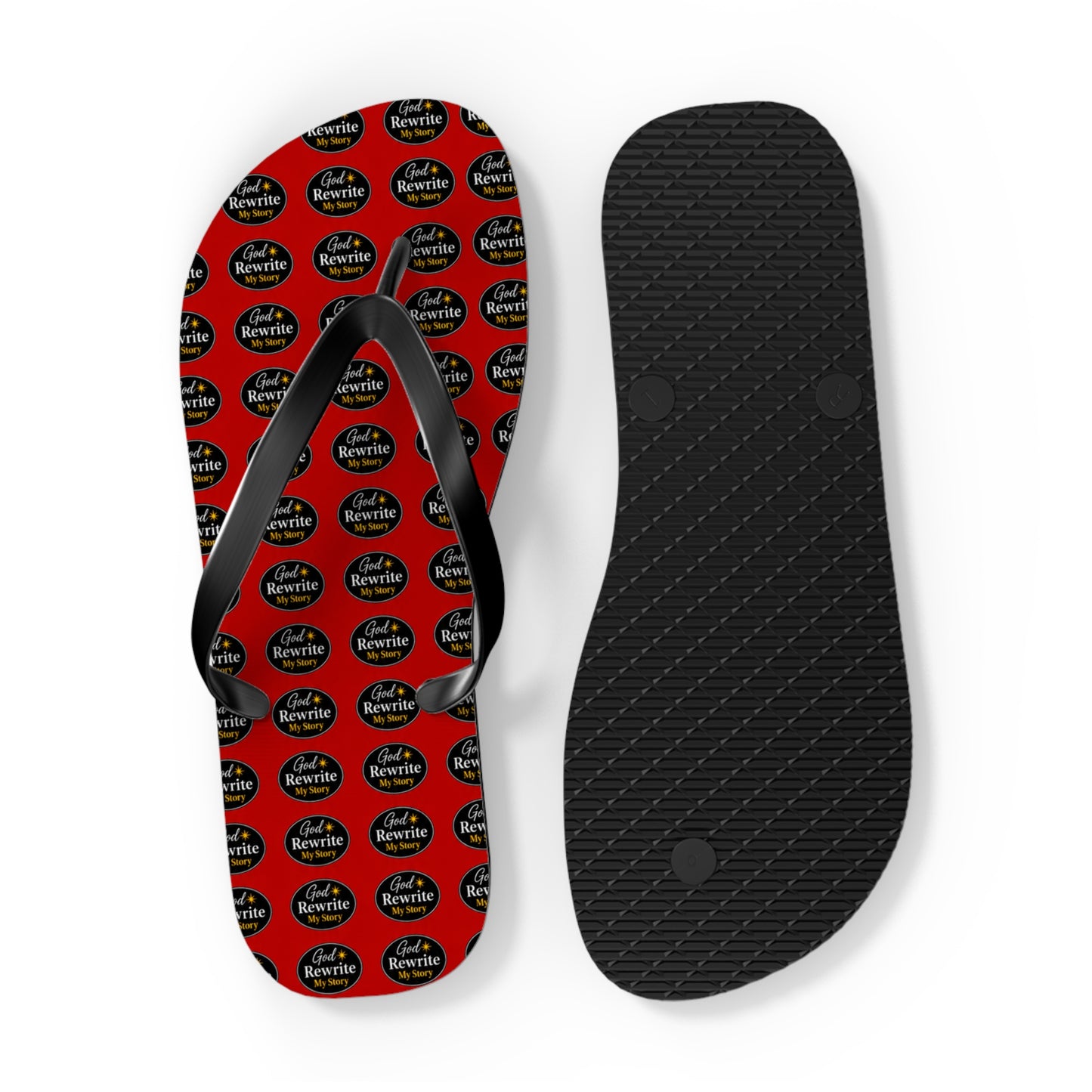 Red Patterned Flip Flops with Circular "Rewine & Rewind" Logo – Beach Sandals