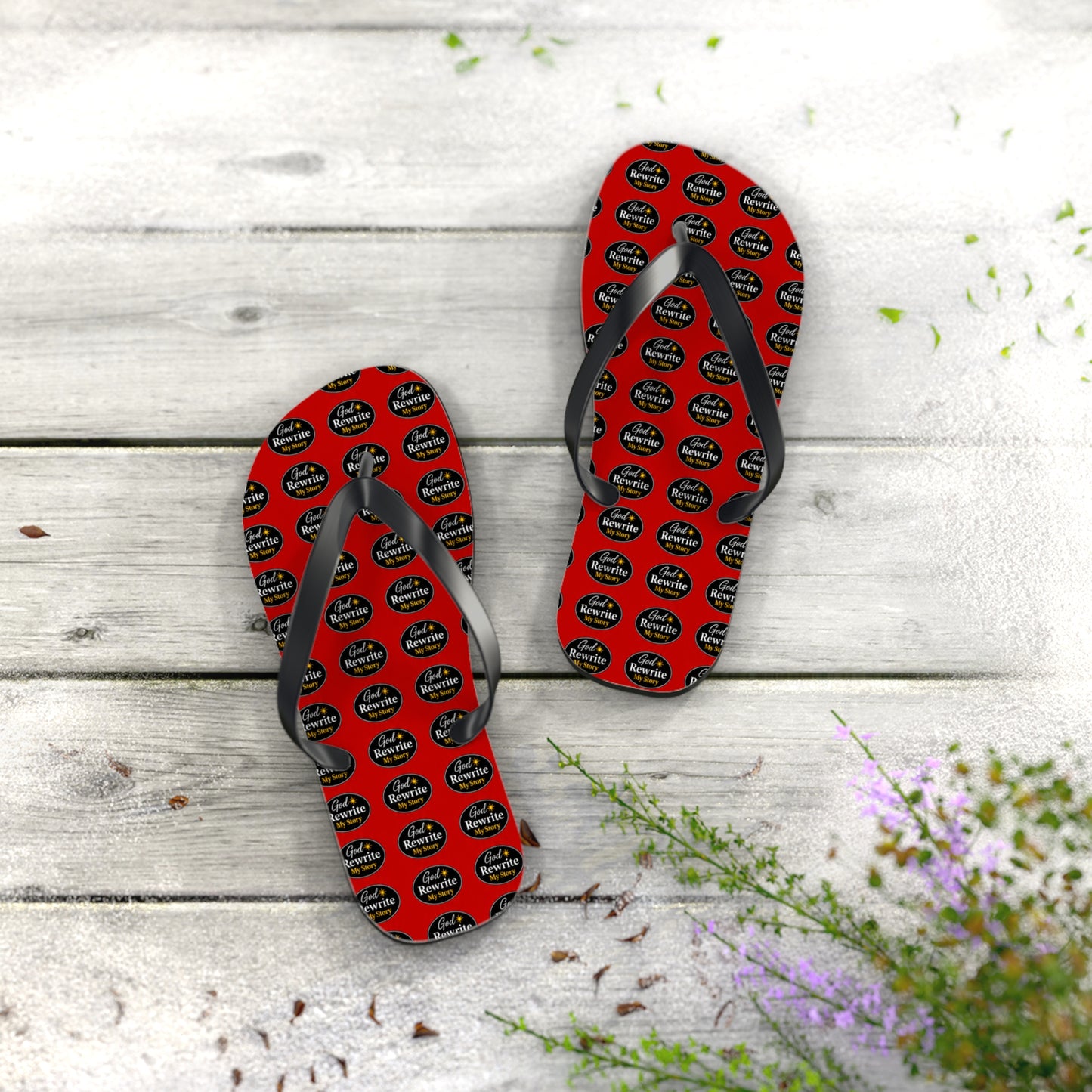 Red Patterned Flip Flops with Circular "Rewine & Rewind" Logo – Beach Sandals