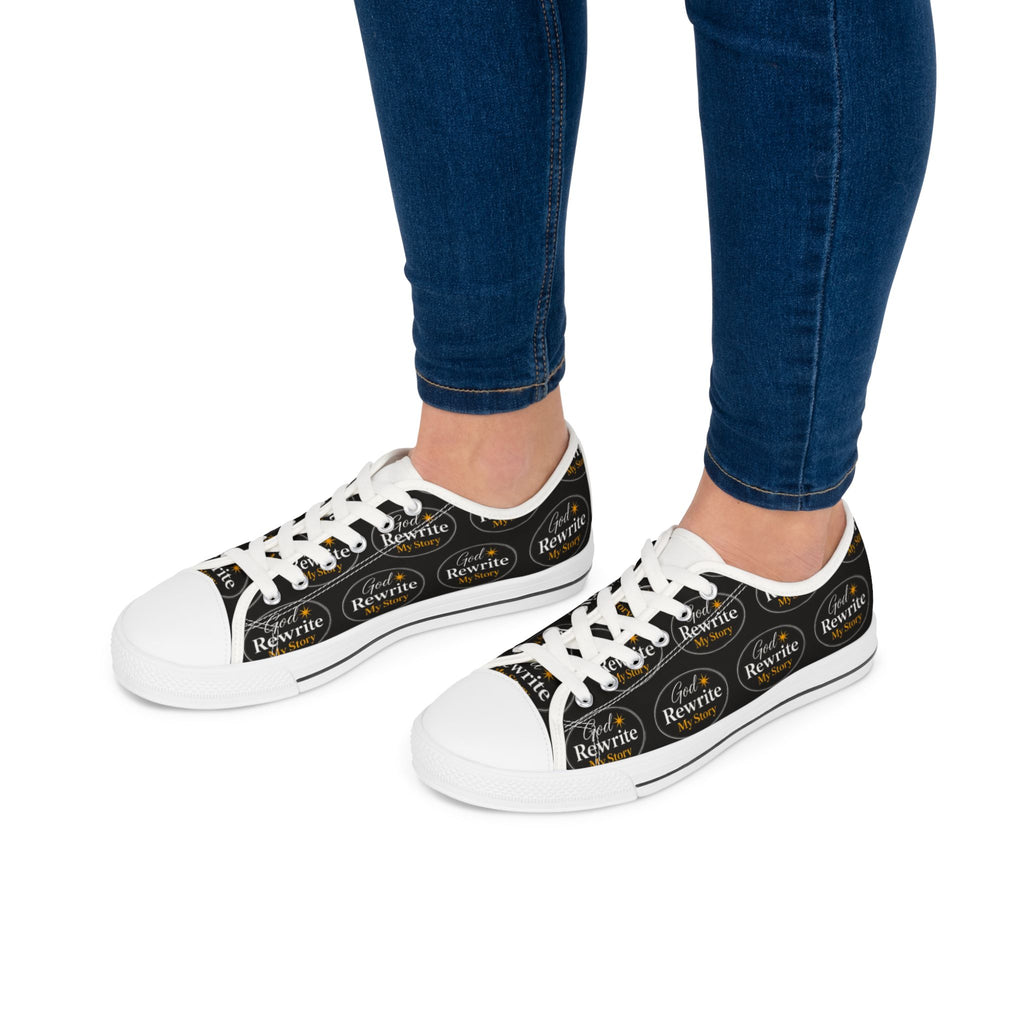 Women's Low Top Sneakers — Black Logo Pattern Casual Canvas Shoes