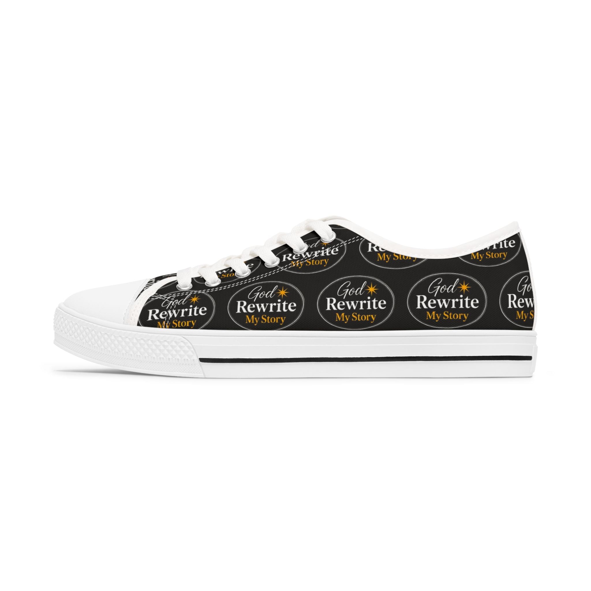 Women's Low Top Sneakers — Black Logo Pattern Casual Canvas Shoes
