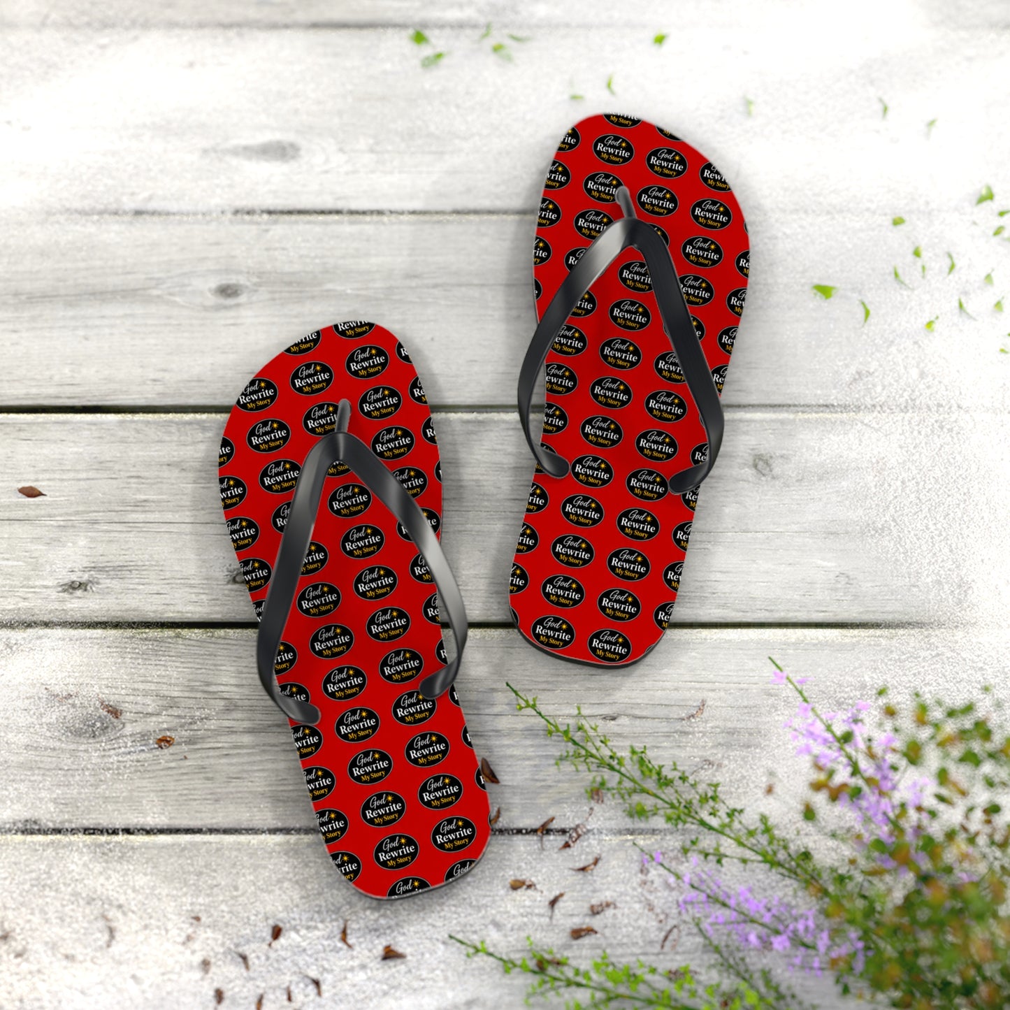 Red Patterned Flip Flops with Circular "Rewine & Rewind" Logo – Beach Sandals